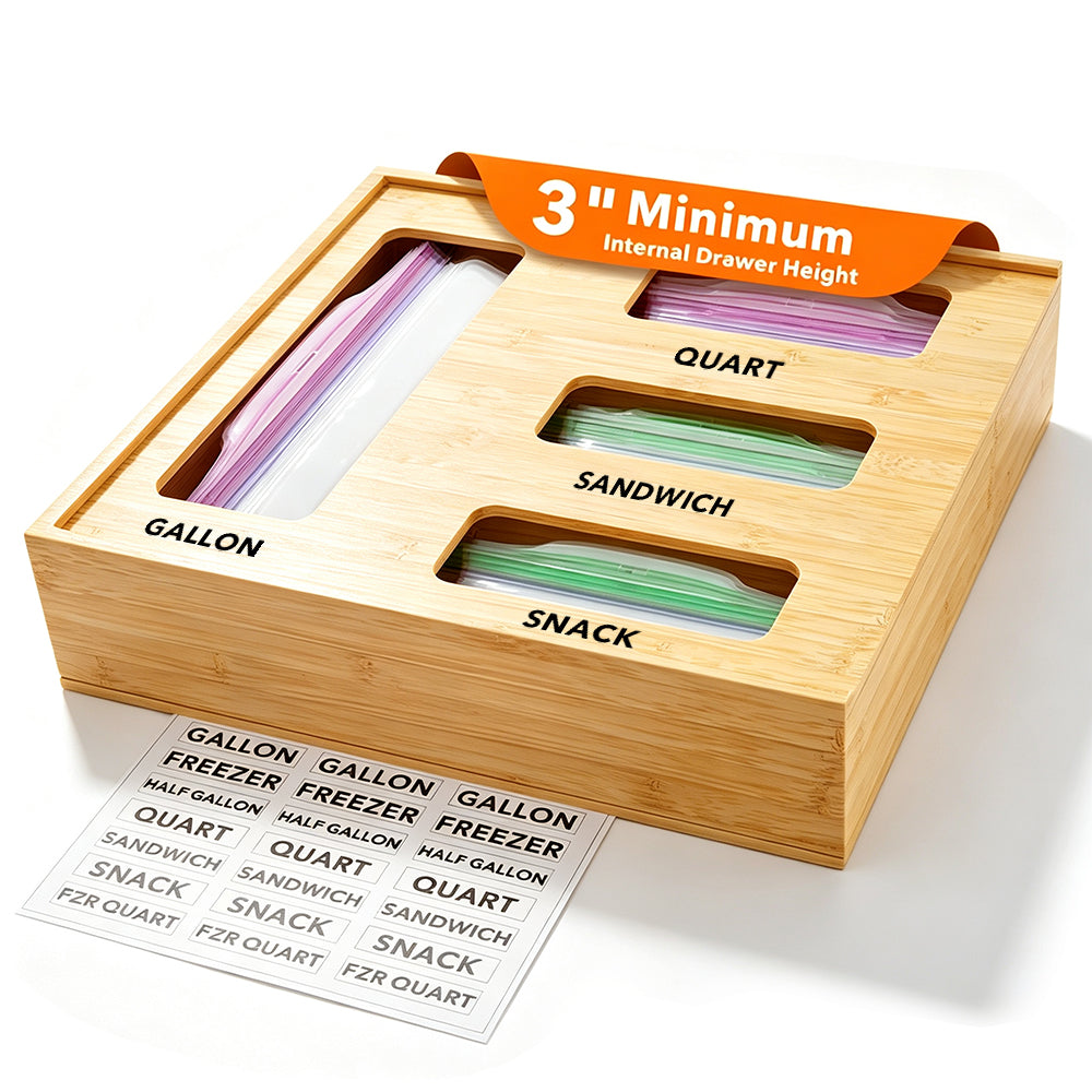 PLUMEBAY Bamboo Drawer Bag Organizer, Quick-Refill Storage Dispenser Fits Half Gallon, Quart & Snack Bags, Free Labels Included