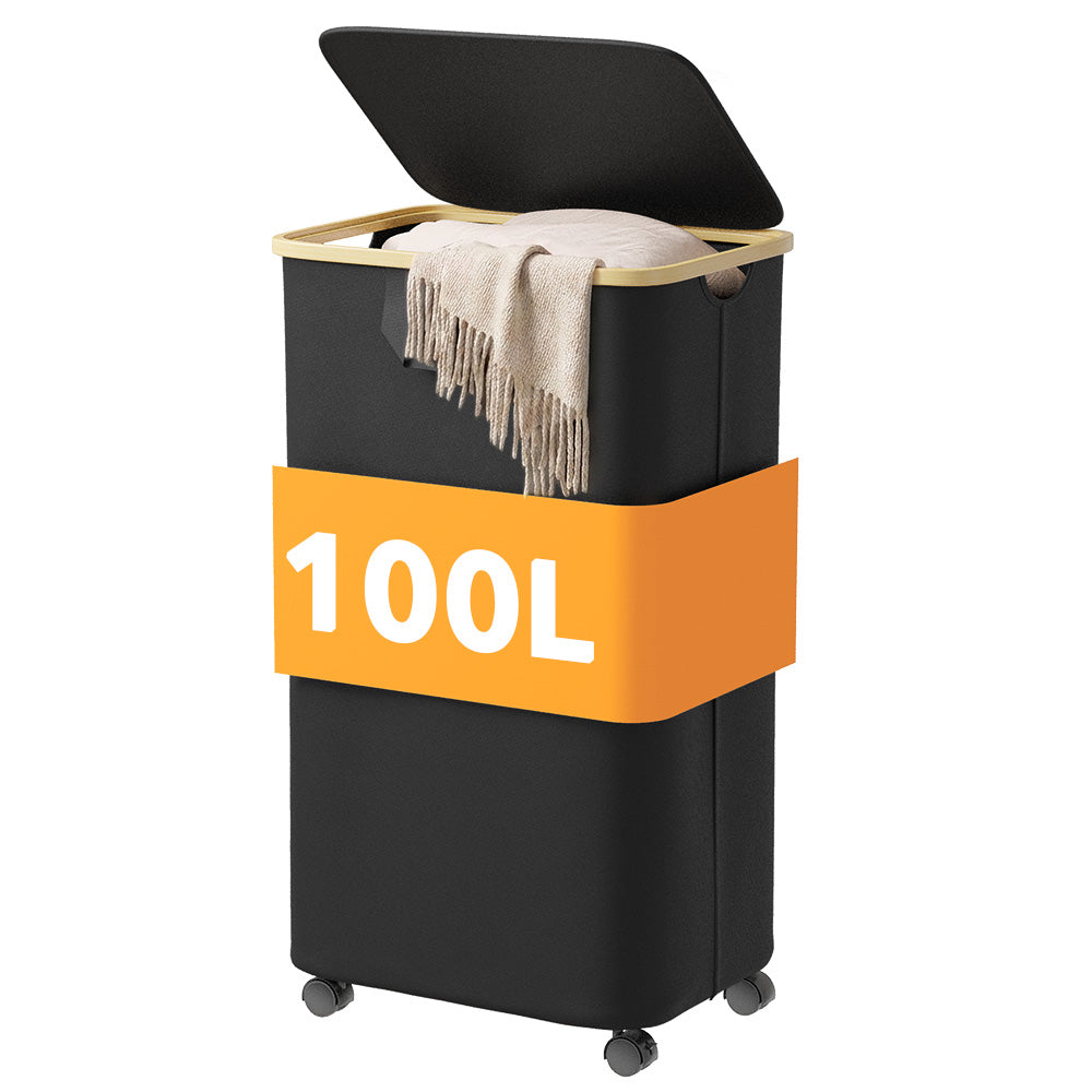 PLUMEBAY 110L Laundry Hamper with Lid, Large Foldable Clothes Basket with Bamboo Handles, Tall Fabric Hamper, Black