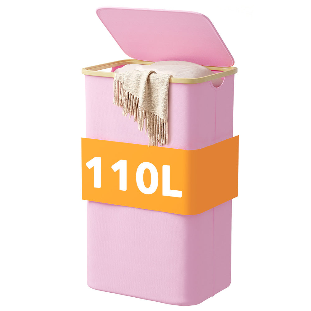 PLUMEBAY 110L Laundry Hamper with Lid, Large Foldable Clothes Basket with Bamboo Handles, Tall Fabric Hamper, Black