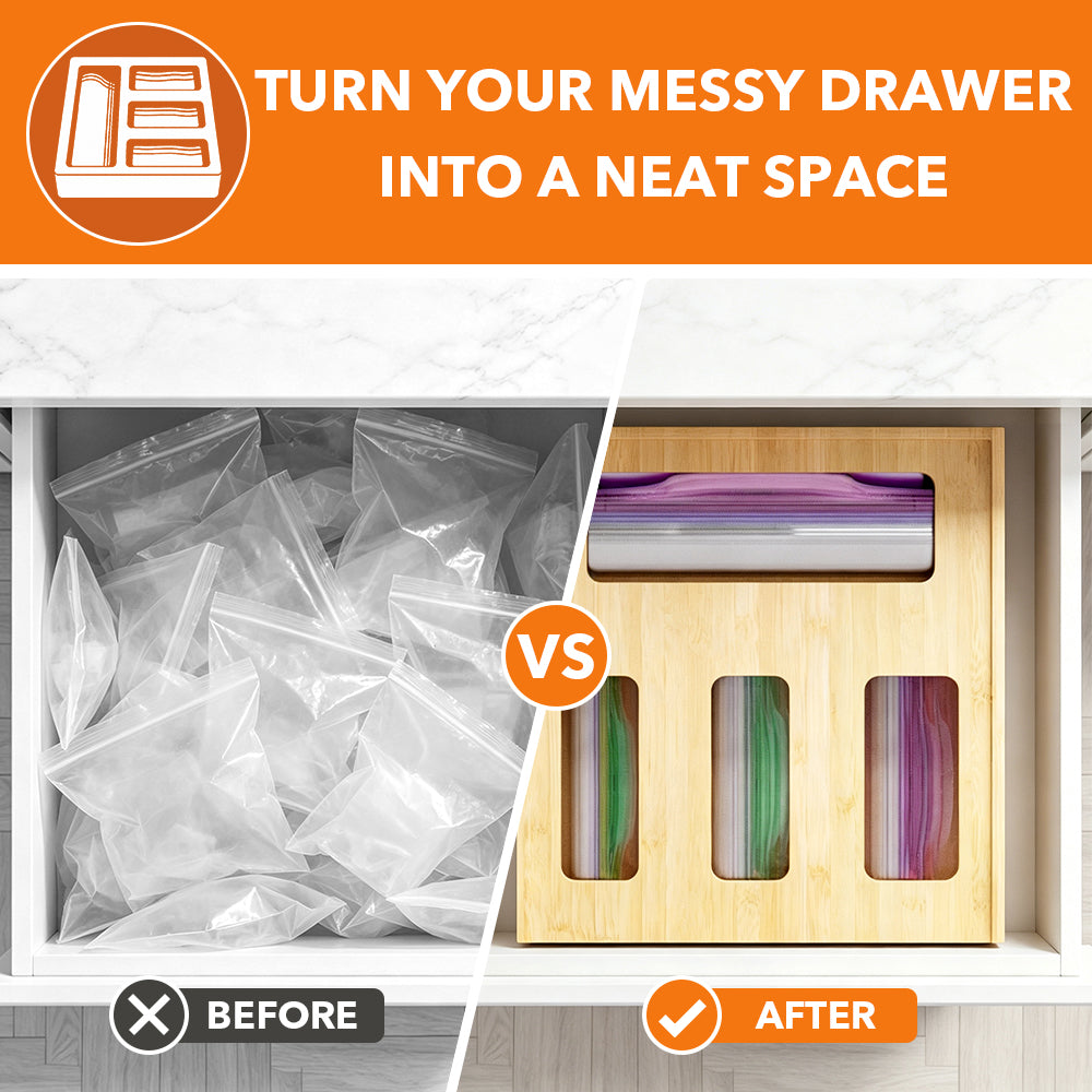 PLUMEBAY Bamboo Drawer Bag Organizer, Quick-Refill Storage Dispenser Fits Half Gallon, Quart & Snack Bags, Free Labels Included