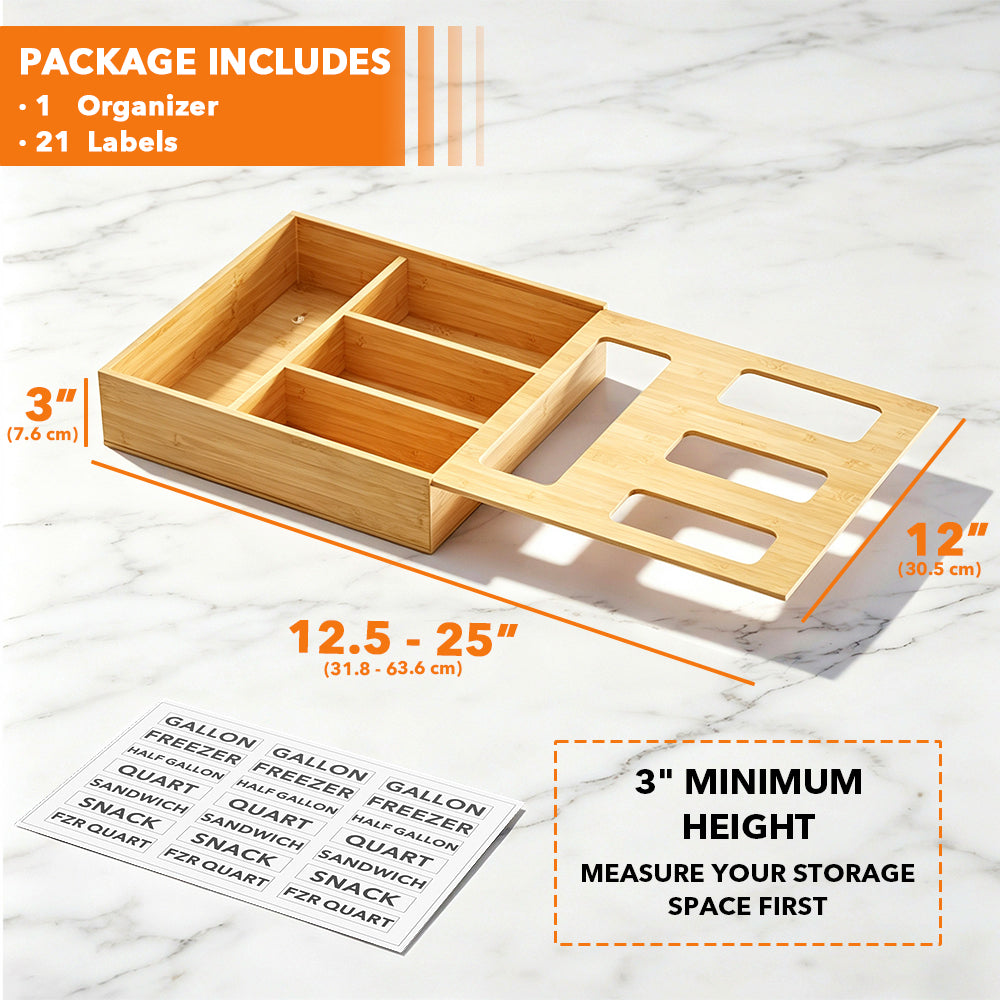 PLUMEBAY Bamboo Drawer Bag Organizer, Quick-Refill Storage Dispenser Fits Half Gallon, Quart & Snack Bags, Free Labels Included