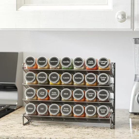 PLUMEBAY Spice Rack Organizer with 28 Jars, Black – Countertop or Wall Mount