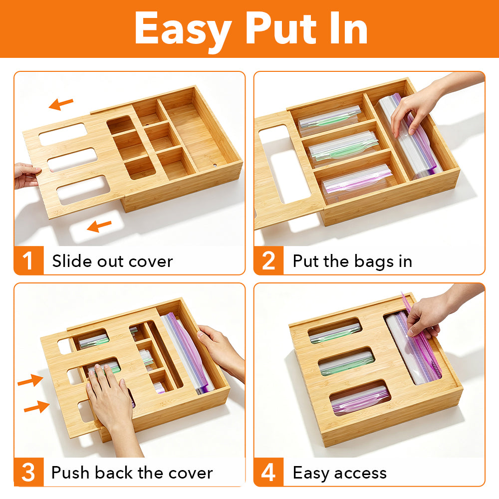 PLUMEBAY Bamboo Drawer Bag Organizer, Quick-Refill Storage Dispenser Fits Half Gallon, Quart & Snack Bags, Free Labels Included