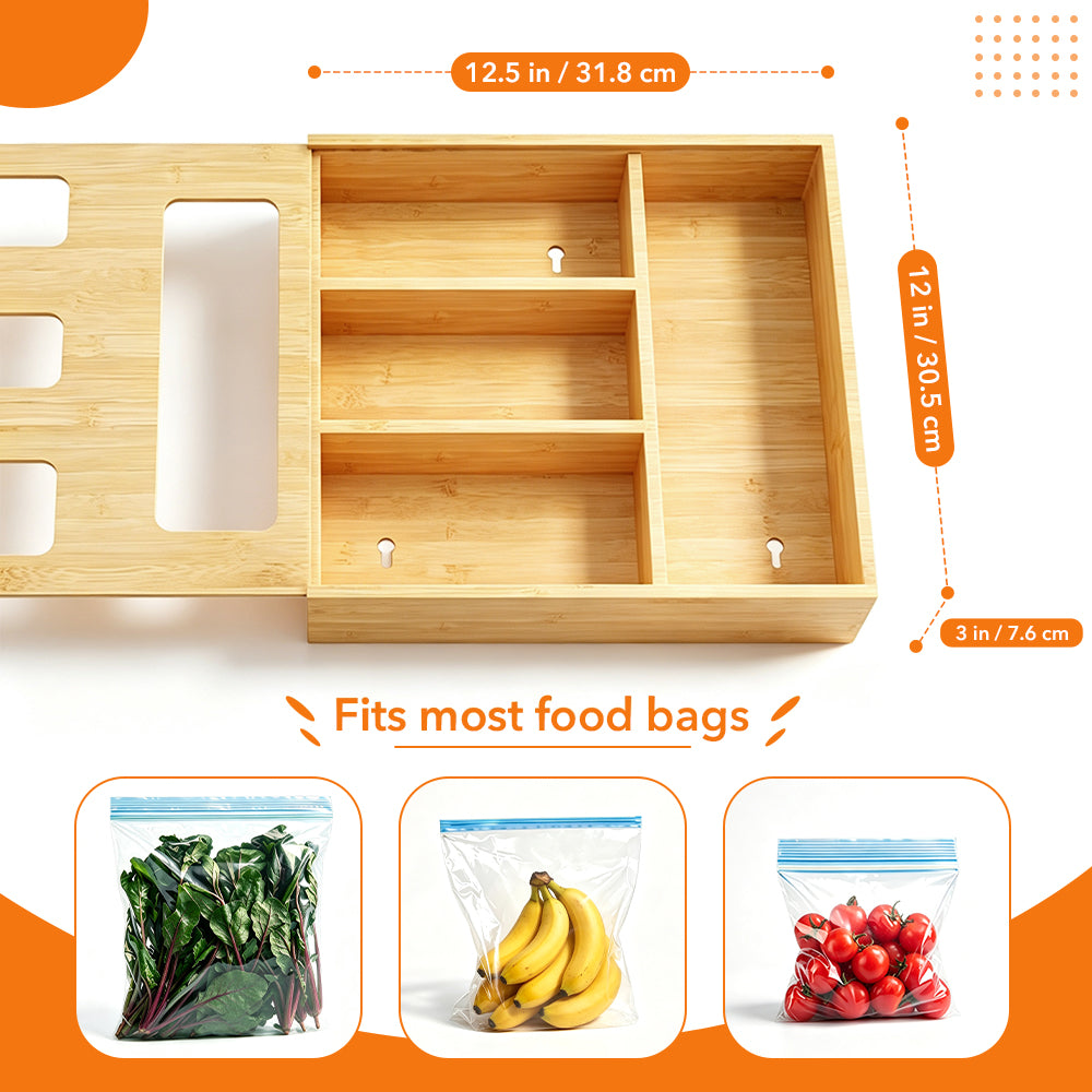 PLUMEBAY Bamboo Drawer Bag Organizer, Quick-Refill Storage Dispenser Fits Half Gallon, Quart & Snack Bags, Free Labels Included