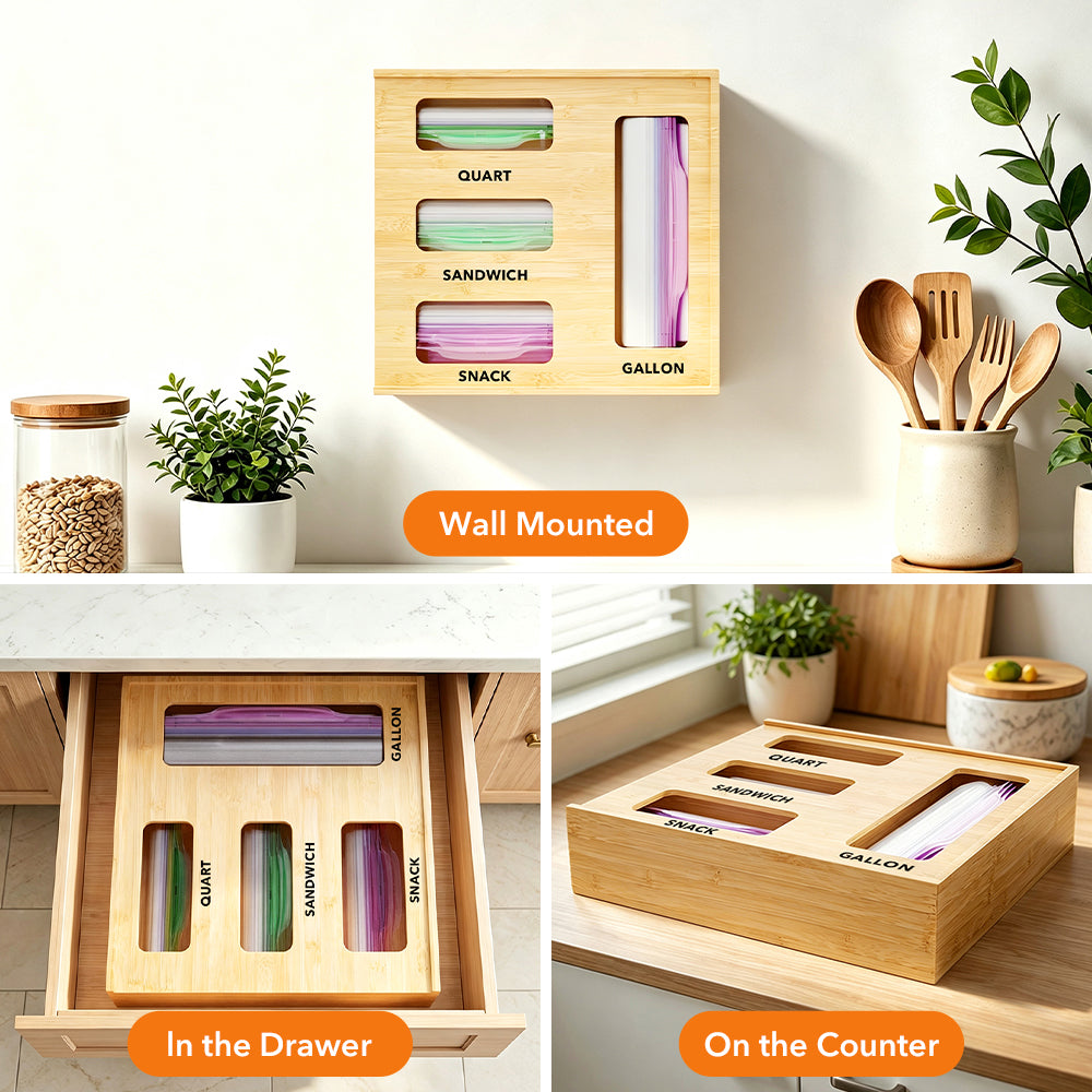 PLUMEBAY Bamboo Drawer Bag Organizer, Quick-Refill Storage Dispenser Fits Half Gallon, Quart & Snack Bags, Free Labels Included