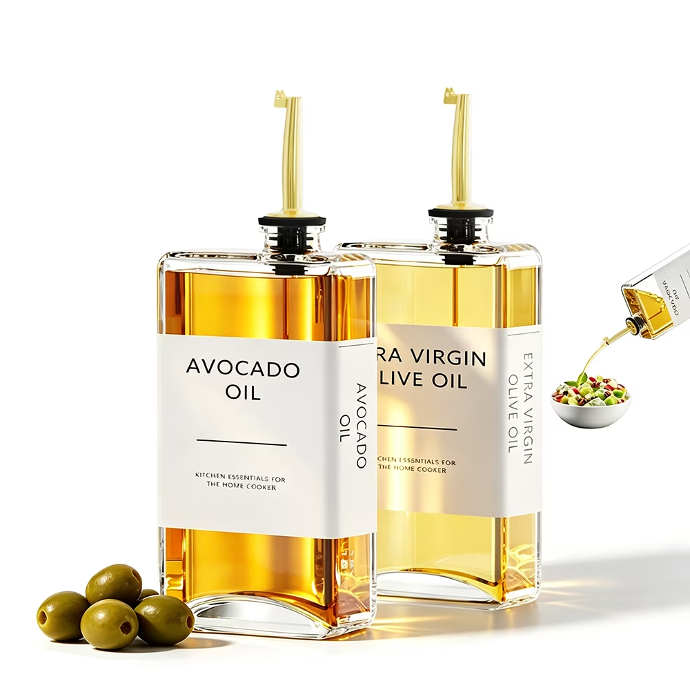 PLUMEBAY Glass Olive Oil and Vinegar Dispenser Set, 2-Pack 11.83 oz Bottles with Pour Spout and Labels, Gold