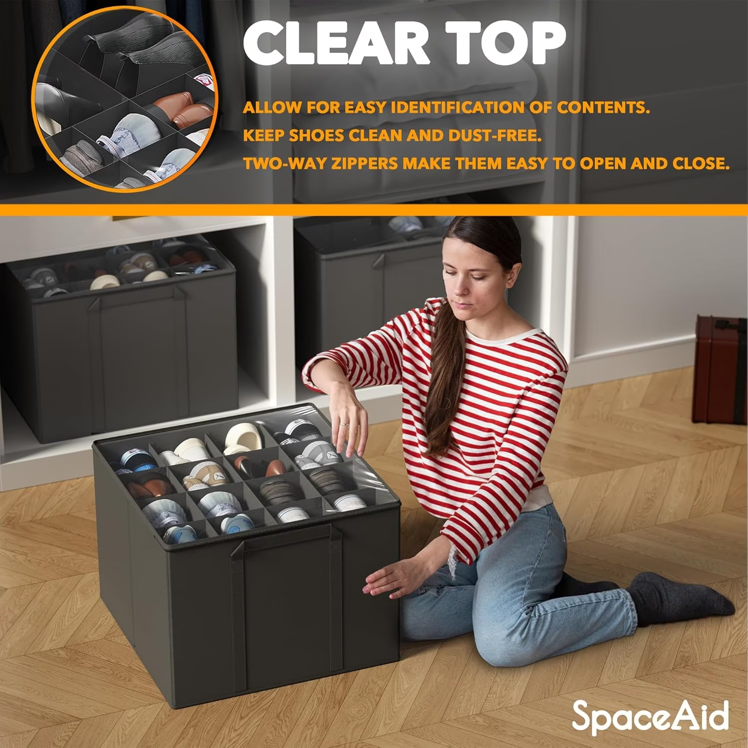 PLUMEBAY Shoe Organizer for Closet, 2 Pack Adjustable Divider Shoe Storage Boxes, Fits 16-32 Pairs, Black