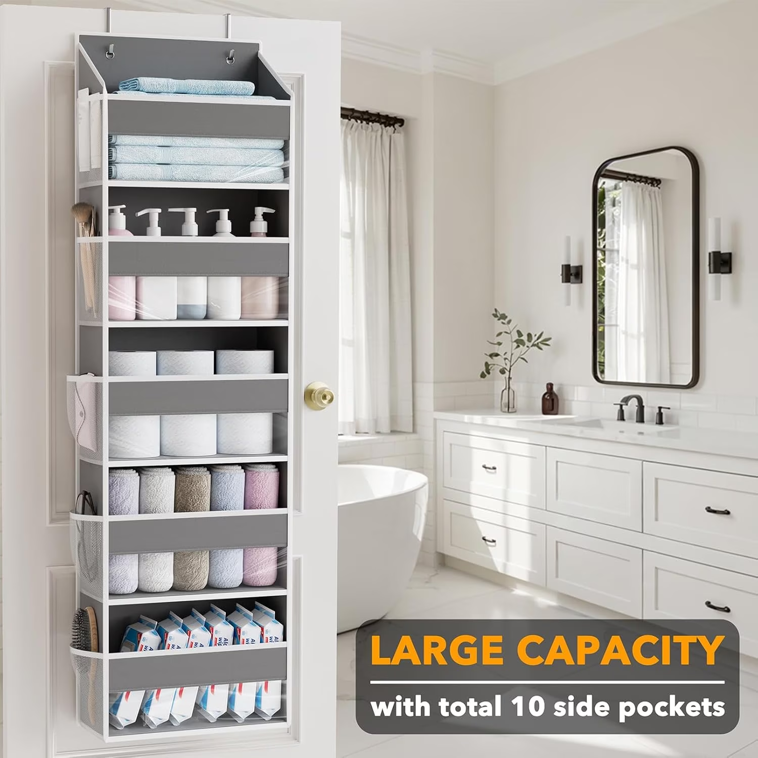 PLUMEBAY Over the Door Organizer, 5 Layer Hanging Storage with Clear Window and Mesh Side Pockets, Gray